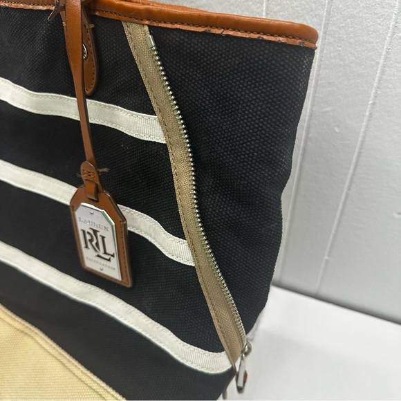 Lauren Ralph Lauren Black White Striped Canvas Tote Bag, Tan Base, Leather Trim - Picture 3 of 13